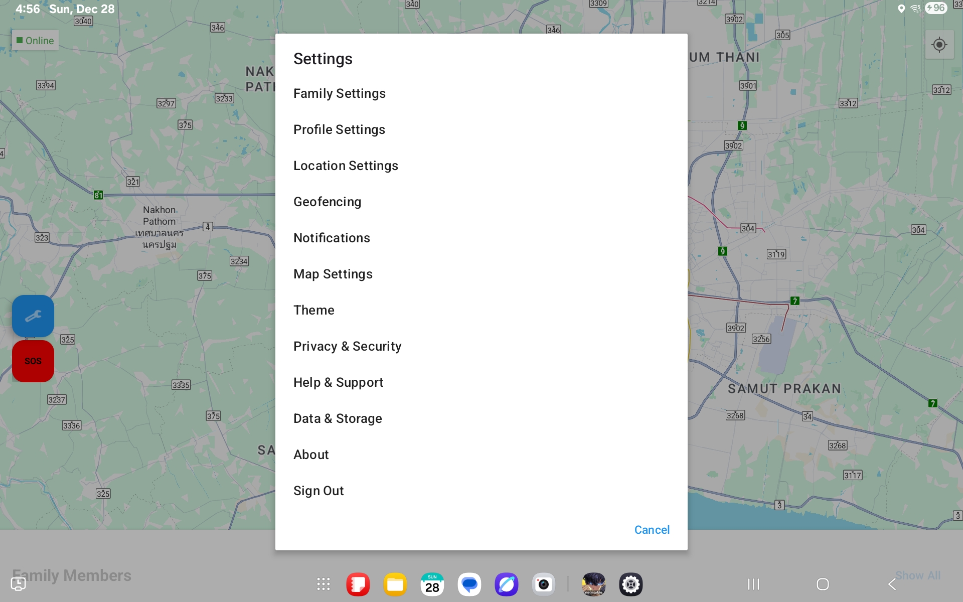 Main map view with settings panel open